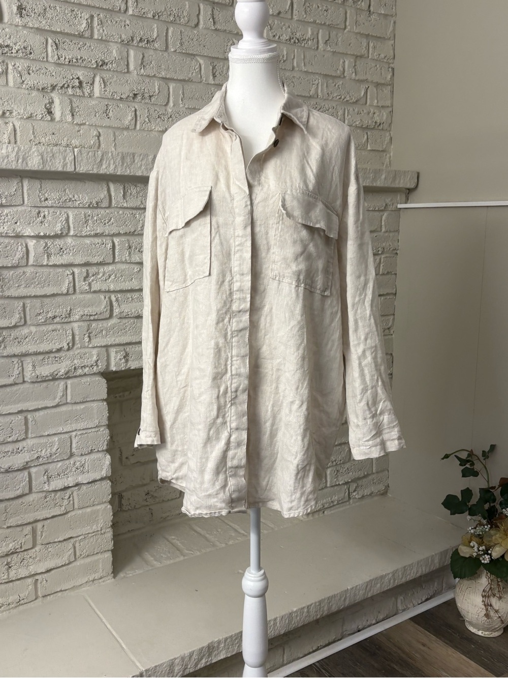 ZARA Oversized 100% Linen Utility Button Down Shirt